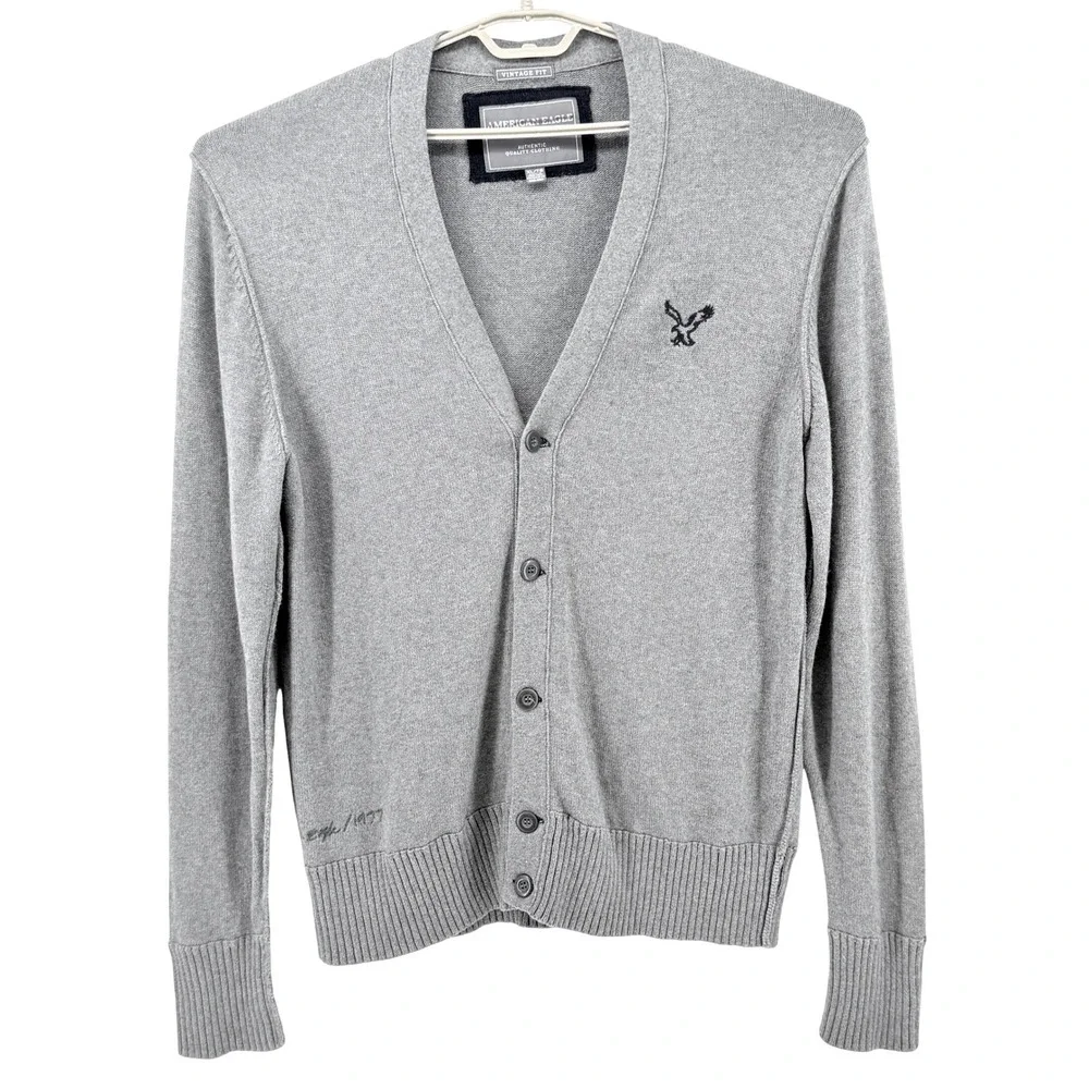 American Eagle Cardigan Mens XL Gray Wool Blend Elbow Patch V-Neck Button Up